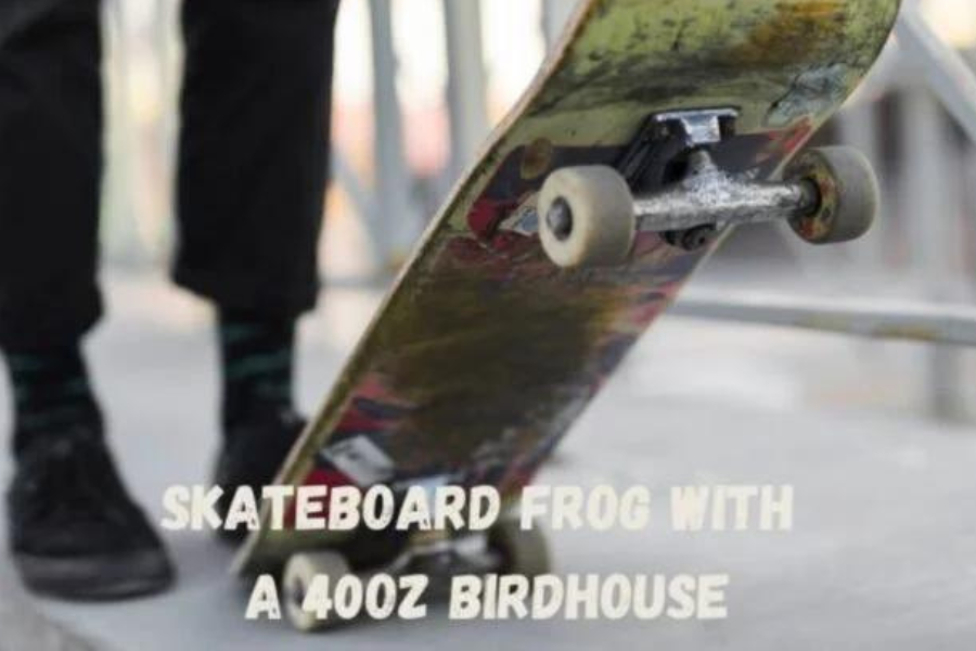 skateboard frog with a 40oz birdhouse